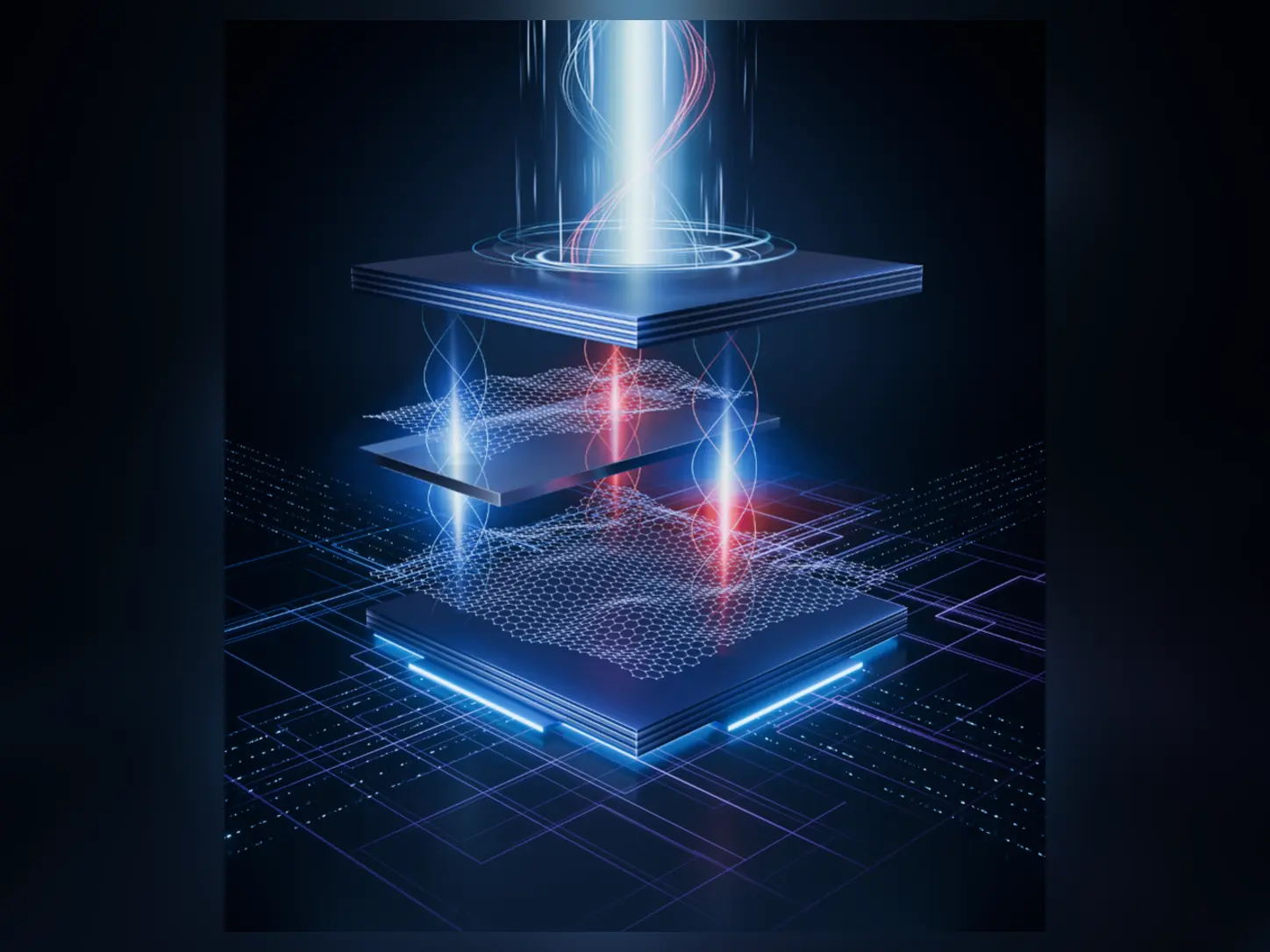 A quantum material in a microcavity, showing hybrid exciton–photon modes against a dark background.